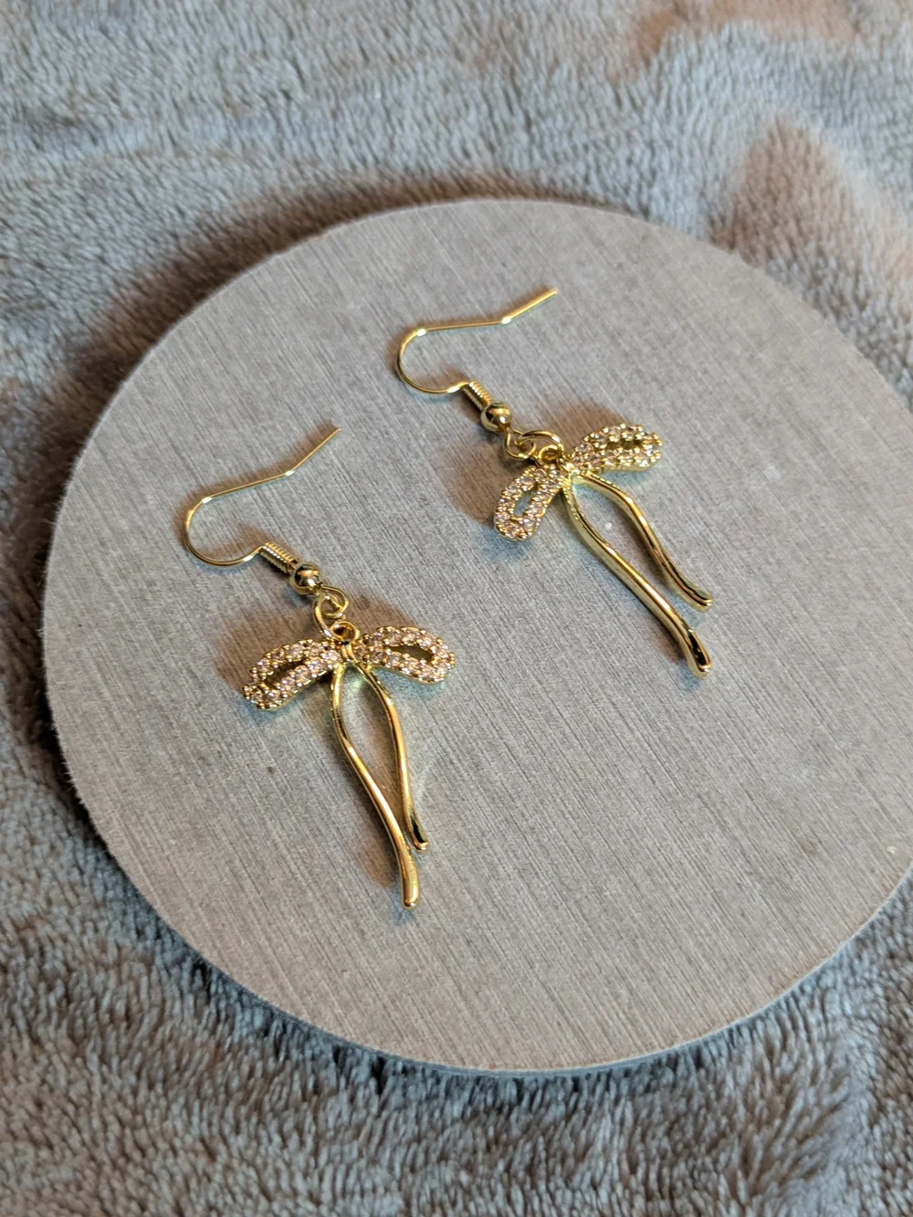 Gold Bow Tie Dangle Drop Earrings Sparkle Diamond